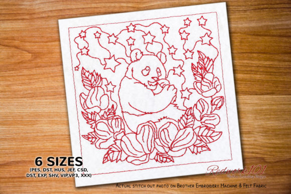 Charming Panda in Forest Scene Redwork
